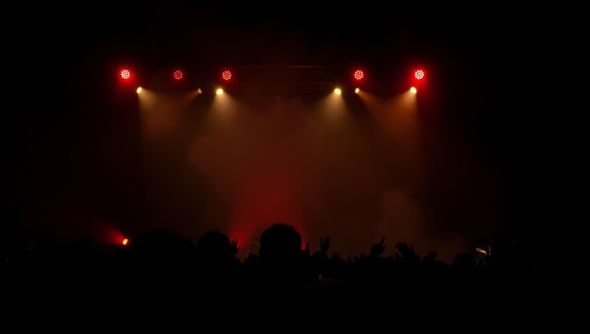 Festival crowd under red and gold stage lights
